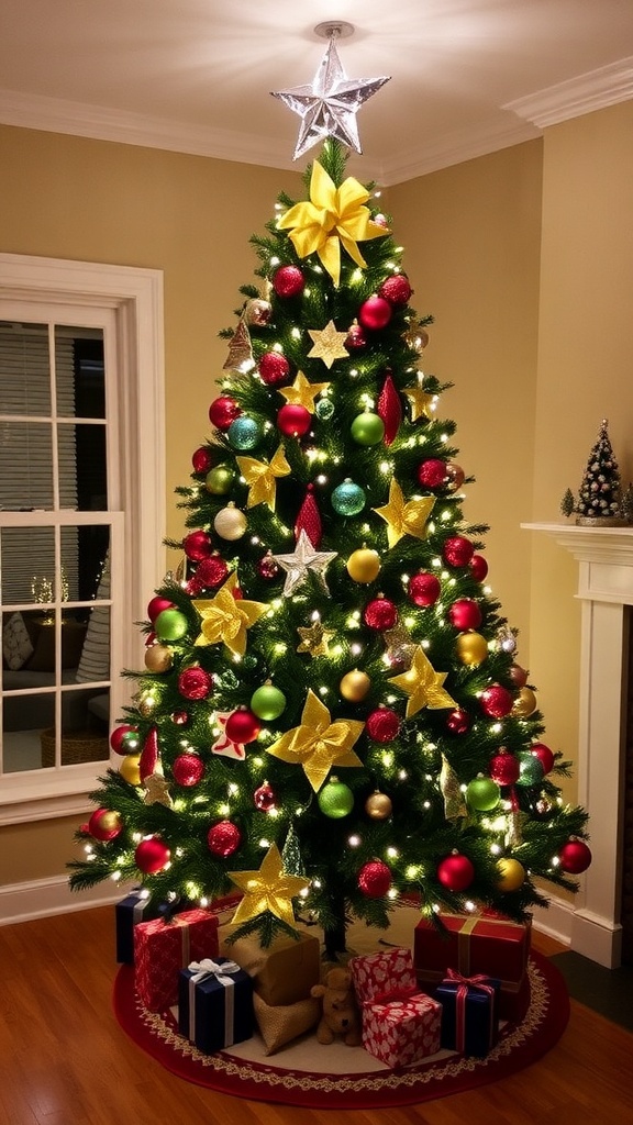 A 7-foot Christmas tree decorated with lights and ornaments in a festive living room.